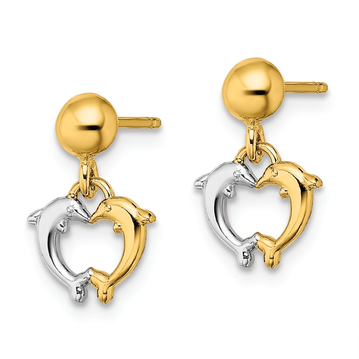 14k Yellow Gold and Rhodium Over 14k Yellow Gold Dolphin Dangle Earrings