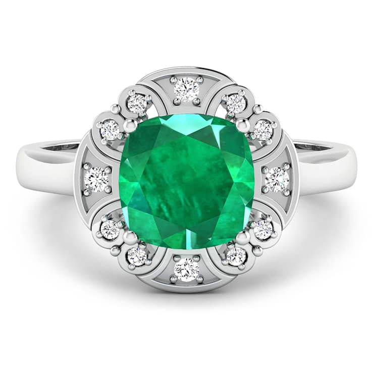 Green Emerald and White Diamond 14K White Gold Halo Ring 2.16 ctw