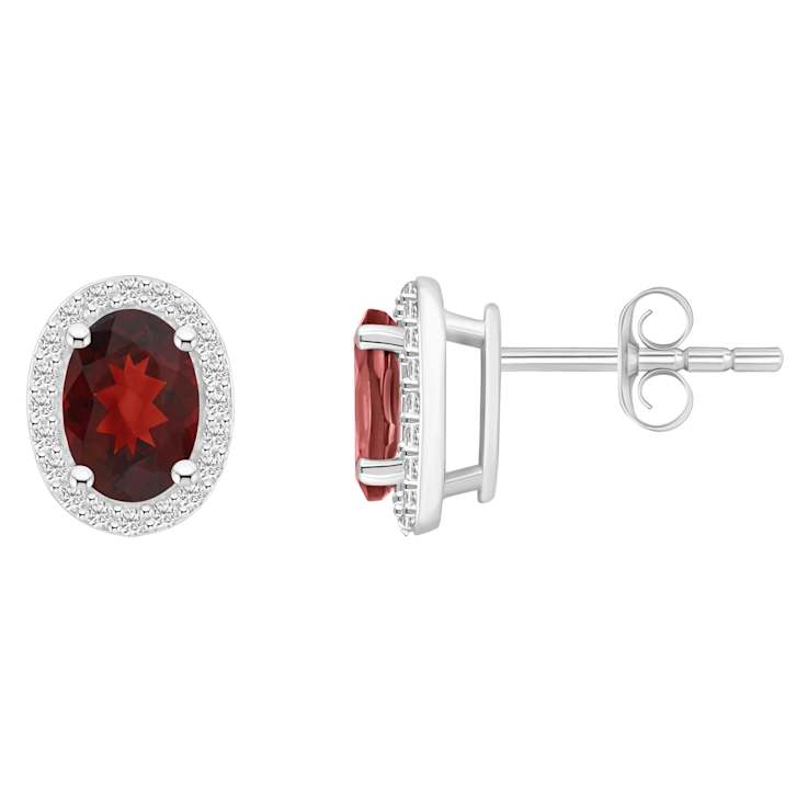 7x5mm Oval Garnet And Created White Sapphire 10k White Gold Halo Stud Earrings