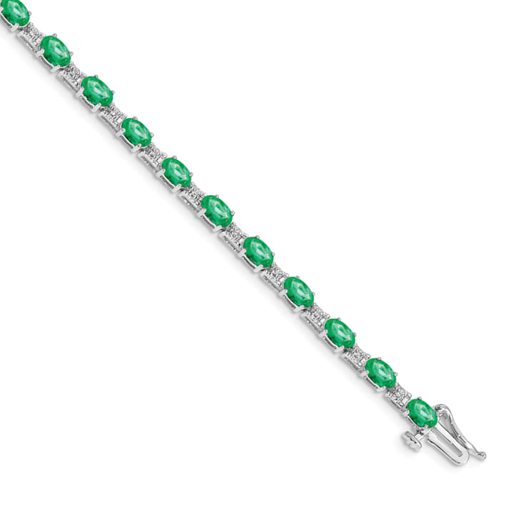 Rhodium Over 14k White Gold Diamond and Emerald Bracelet