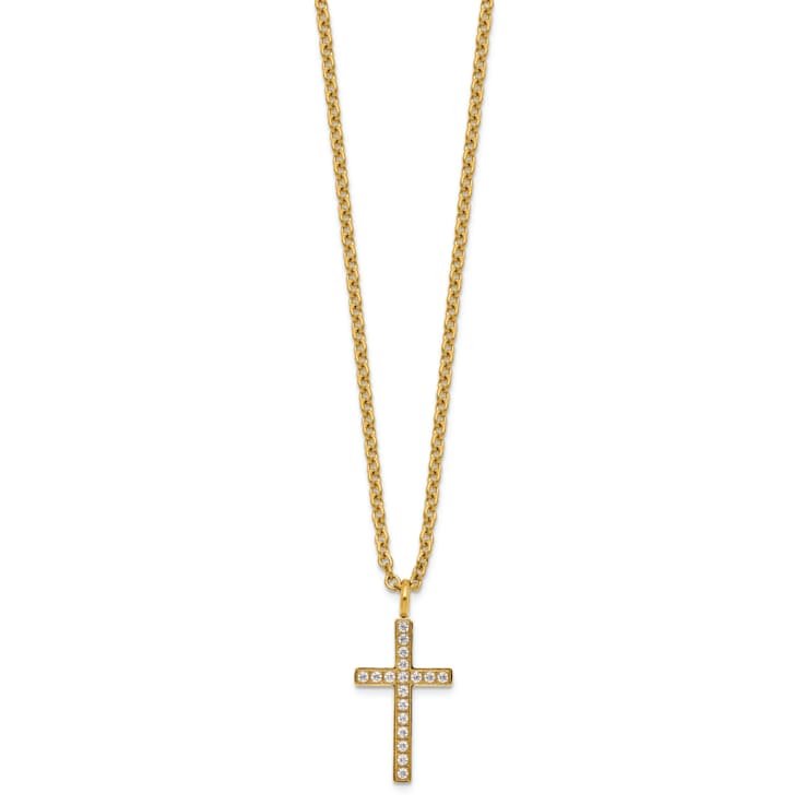 White Cubic Zirconia Stainless Steel Polished Yellow IP-plated Men's
Cross Pendant With Chain