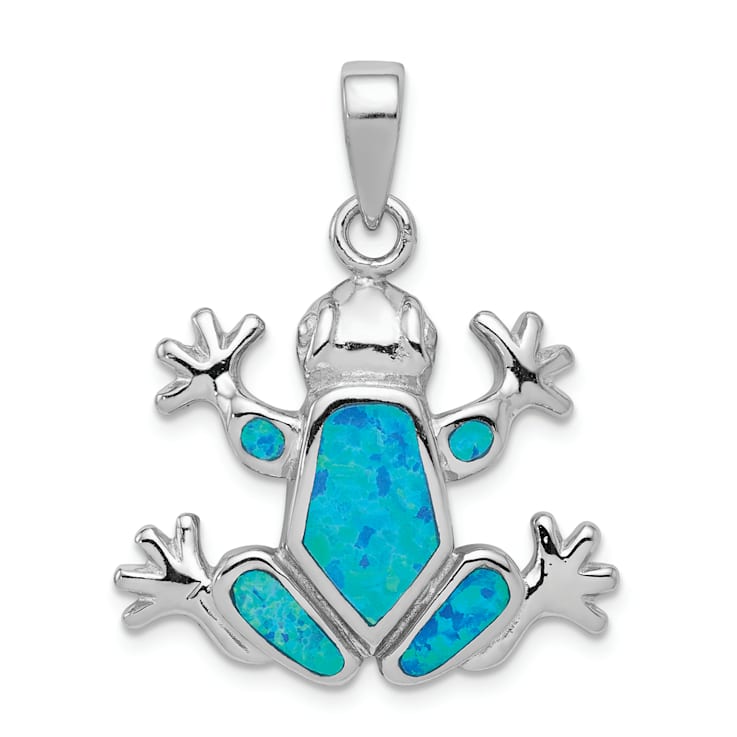 Rhodium Over Sterling Silver Blue Inlay Lab Created Opal Frog Pendant