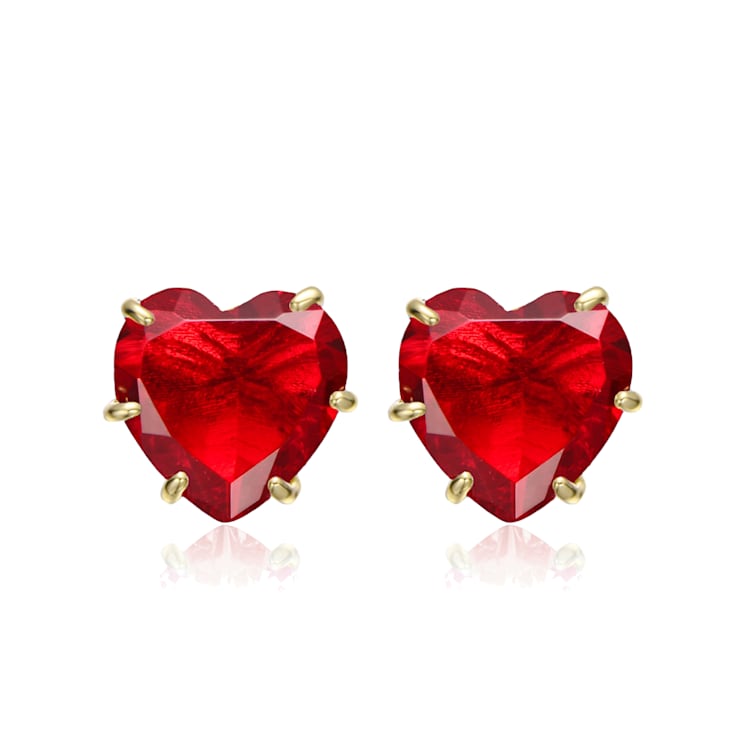 Ruby Color CZ Heart Shape Stud Earrings In 14K Gold Over Brass