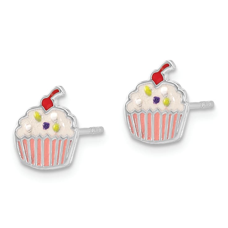 Rhodium Over Sterling Silver Enamel Cupcake Children's Post Earrings