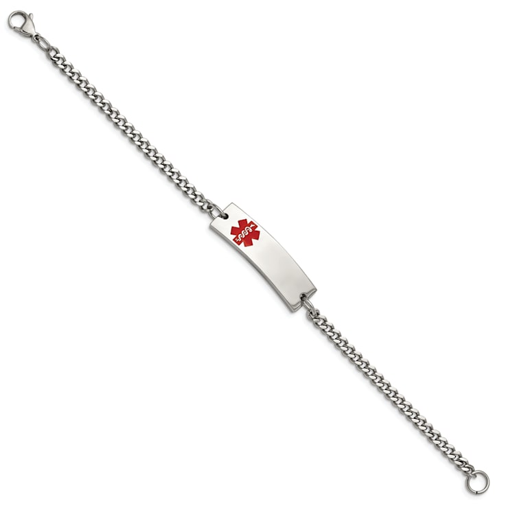 Stainless Steel Polished with Red Enamel 8.75-inch Medical ID Bracelet