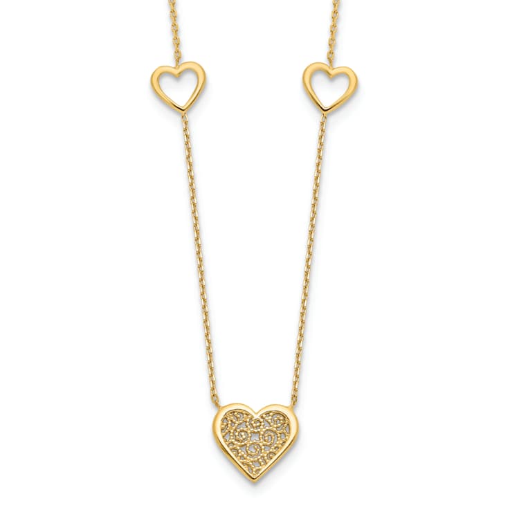 14k Yellow Gold Polished and Filigree Patterned Textured Heart Stations
Cable Link 17 Inch Necklace