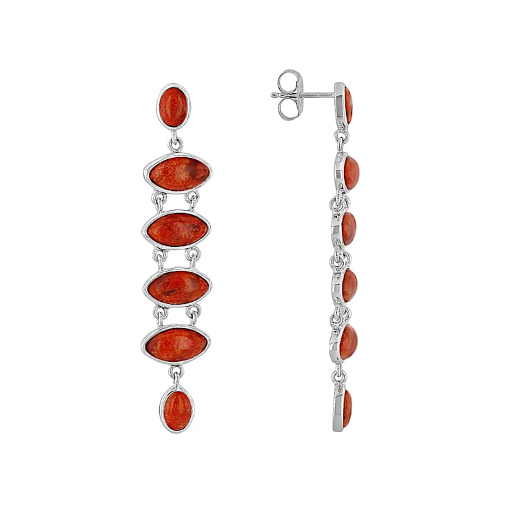 Red Coral Elongated Dangle Sterling Silver Earrings