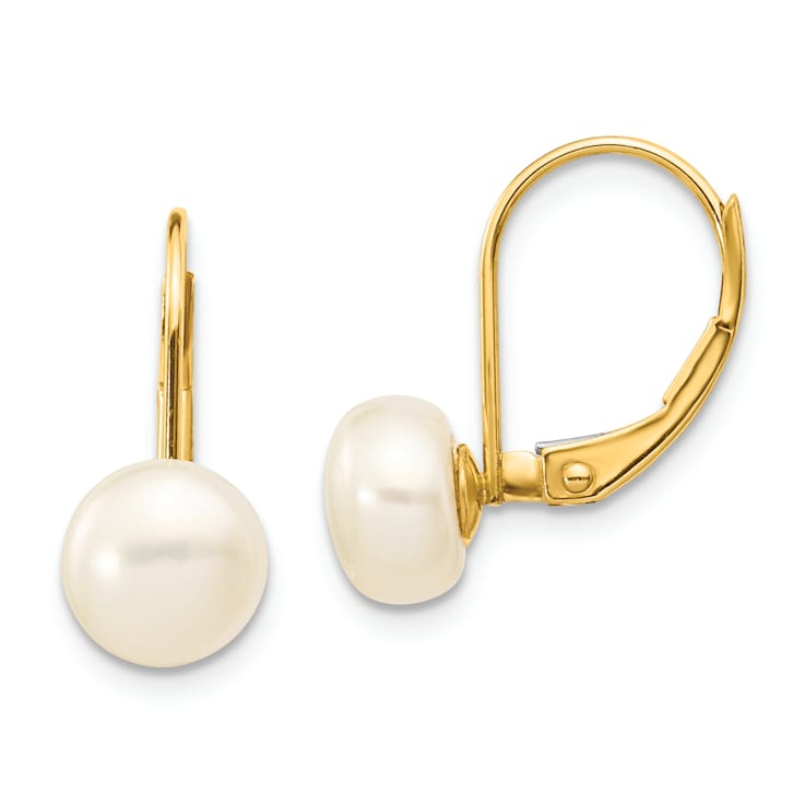 14K Yellow Gold 7-8mm White Button Freshwater Cultured Pearl Leverback Earrings
