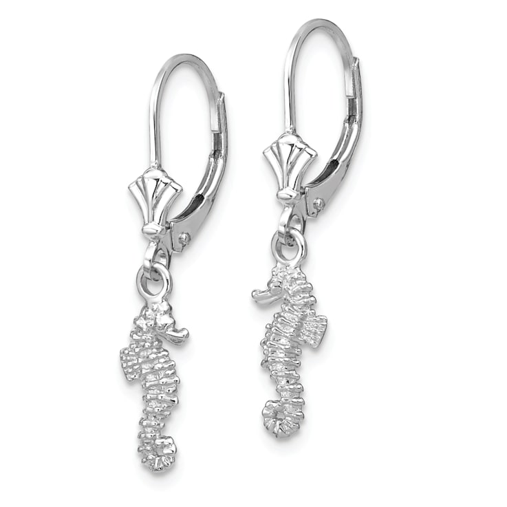 Rhodium Over 14k White Gold 3D Textured Seahorse Dangle Earrings