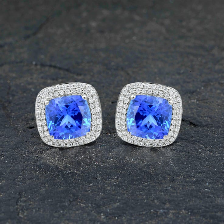 14K White Gold Rectangular Cushion Tanzanite and Diamond Earrings 5.51ctw