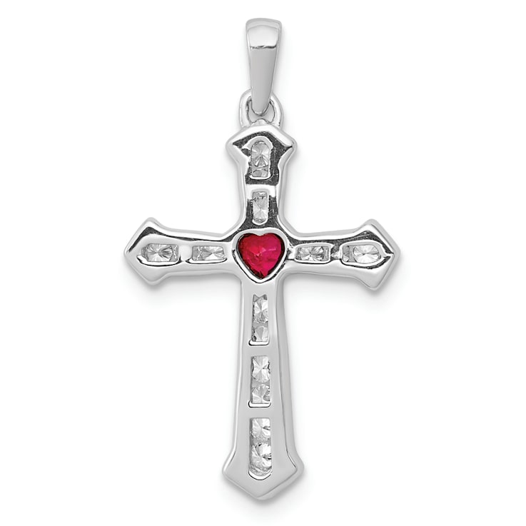 Rhodium Over 14k White Gold Ruby and Diamond Heart Cross Pendant