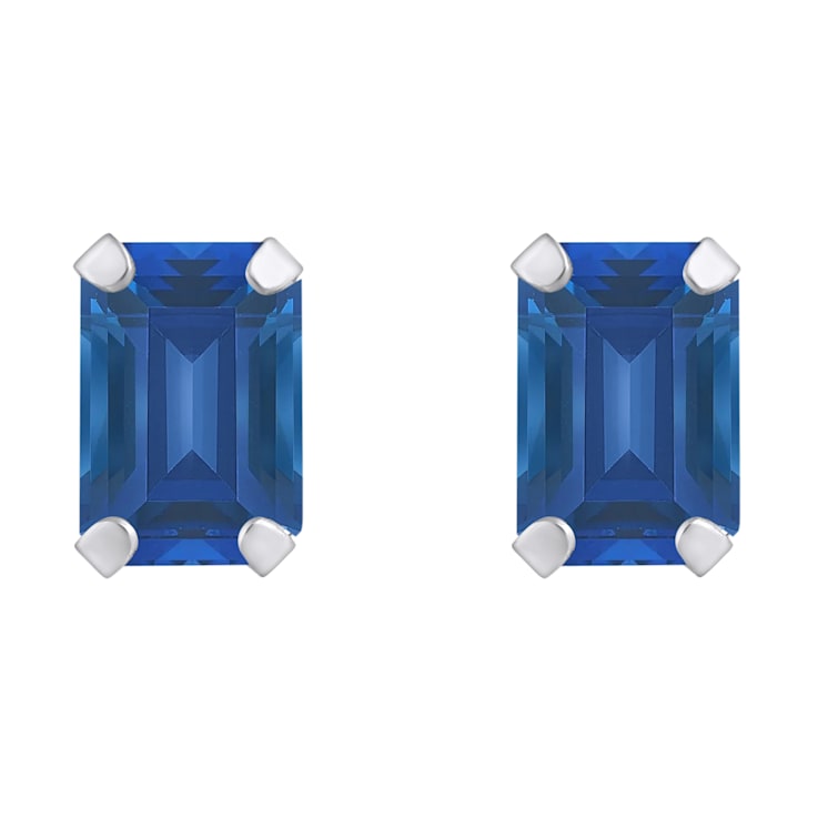 6x4mm Emerald Cut Lab Created Sapphire Rhodium Over 10k White Gold Stud Earrings