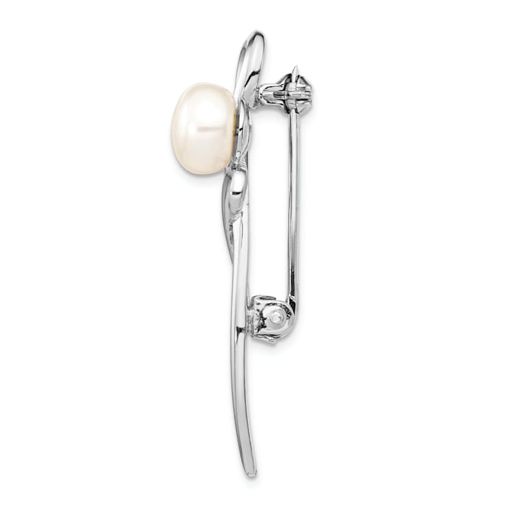 Rhodium Over Sterling Silver 8-9mm White Button Freshwater Cultured
Pearl Brooch