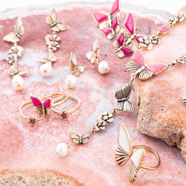 Barse Jewelry Freshwater Pearl With Rhodonite Gold Tone Butterfly Dangle Earrings