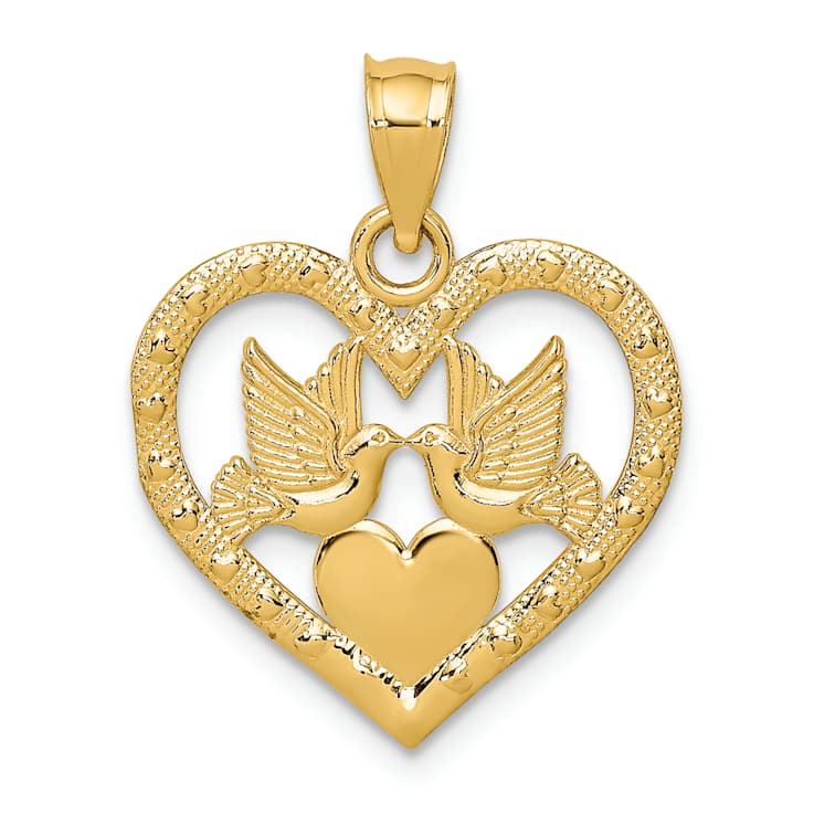 10K Yellow Gold Textured Doves In Heart Charm