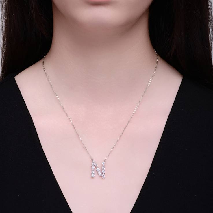 Initial N Mixed Cut CZ Pendant Necklace In Sterling Silver 18 Inch
