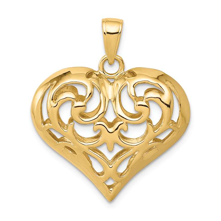 14k Yellow Gold 3D Polished Filigree Puffed Heart Pendant