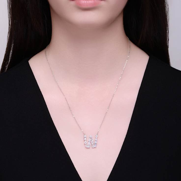 Initial W Mixed Cut CZ Pendant Necklace In Sterling Silver 18 Inch