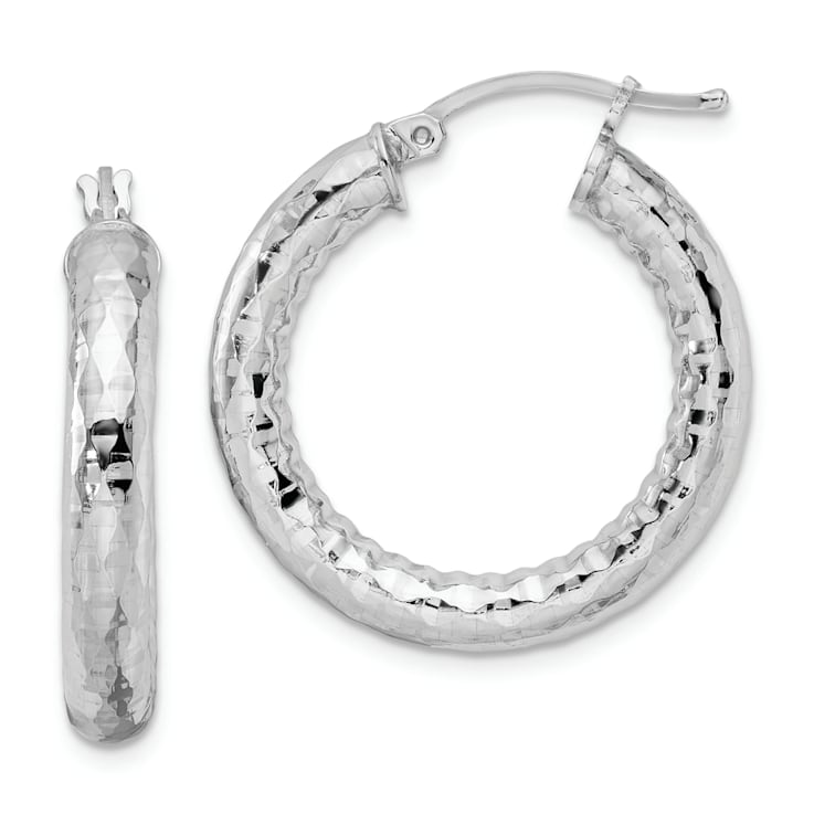 Rhodium Over Sterling Silver 4.00mm Diamond-cut Hoop Earrings