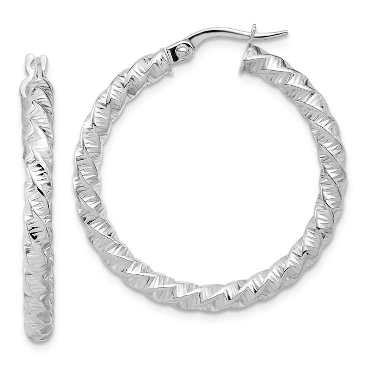 Rhodium Over 14k White Gold Polished 1 1/4" Twisted Hoop Earrings