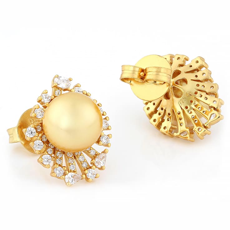 Golden South Sea Shell Pearl And CZ Earrings In 18K Gold Over Sterling
Silver 10mm