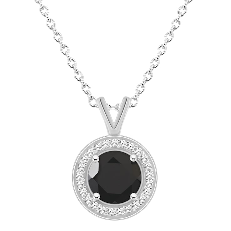 7mm Round Black Onyx 1/8 ctw Diamond Rhodium Over Sterling Silver Halo
Pendant with Chain