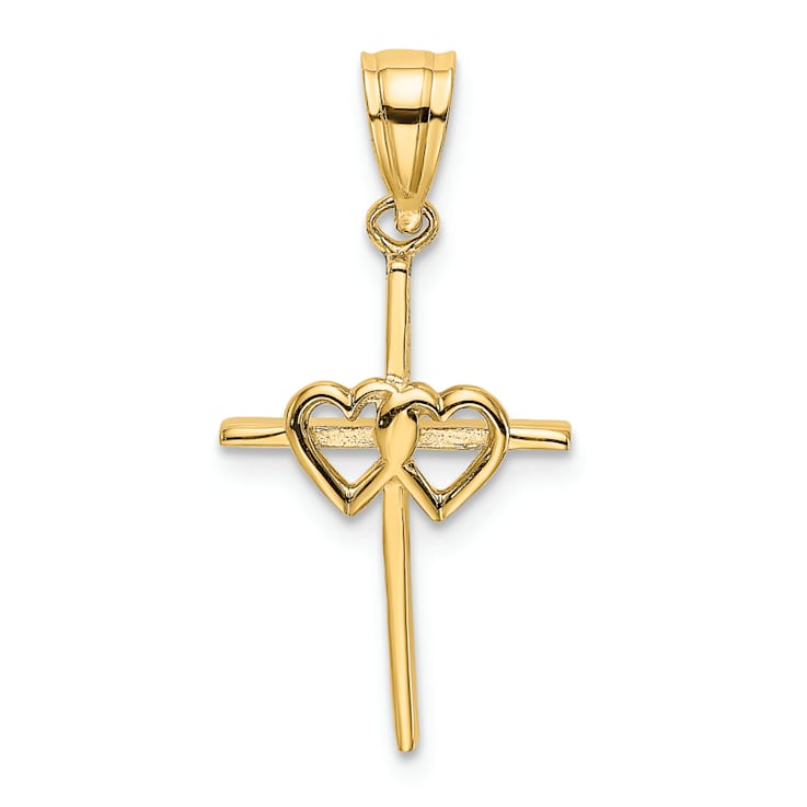 14K Yellow Gold Polished Double Hearts On Stick Cross Charm Pendant