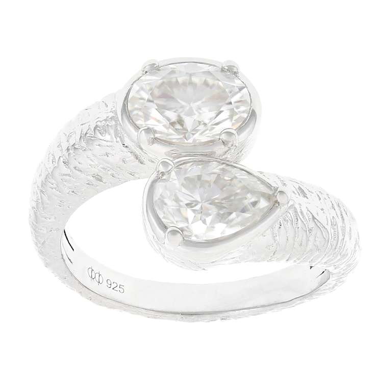 Oval And Pear Moissanite Bypass Ring In Platinum-Enhanced Sterling Silver