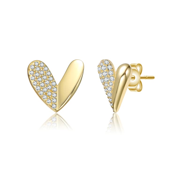 Pave CZ Heart Stud Earrings In 14K Gold Over Sterling Silver