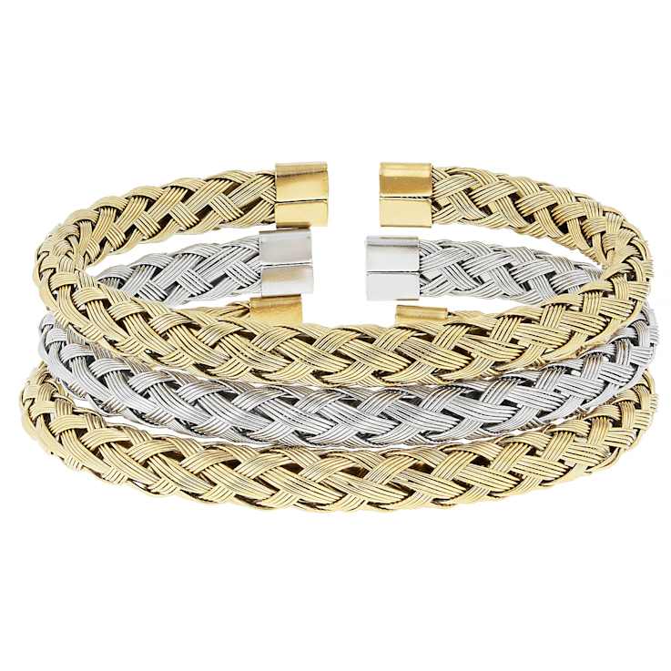 Two-Tone Woven Cuff Bracelet Set Of 3 6.7mm
