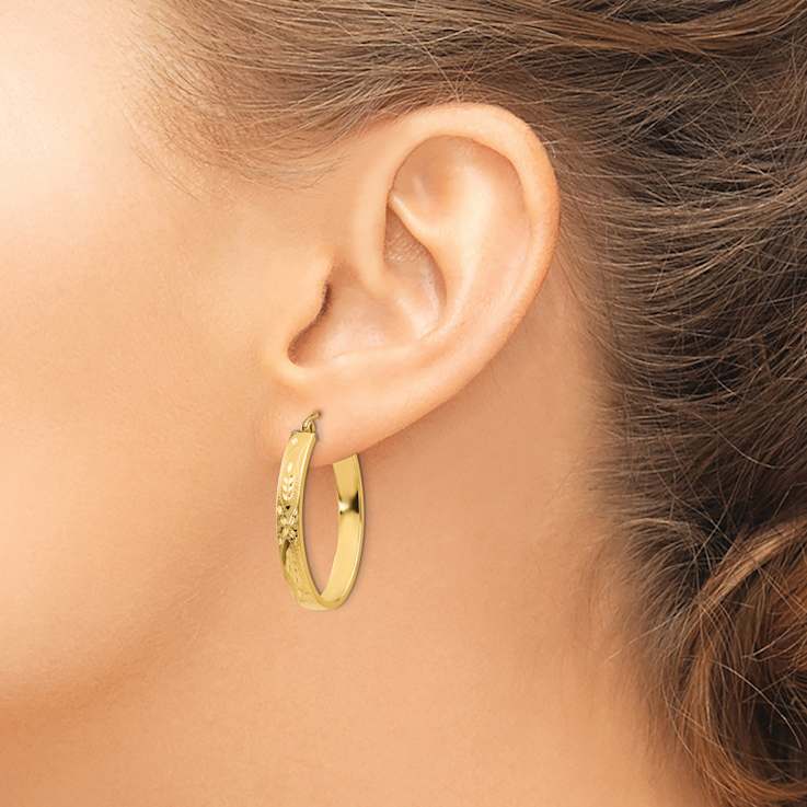 14k Yellow Gold Satin and Diamond-Cut 3/4" Oval Hoop Earrings