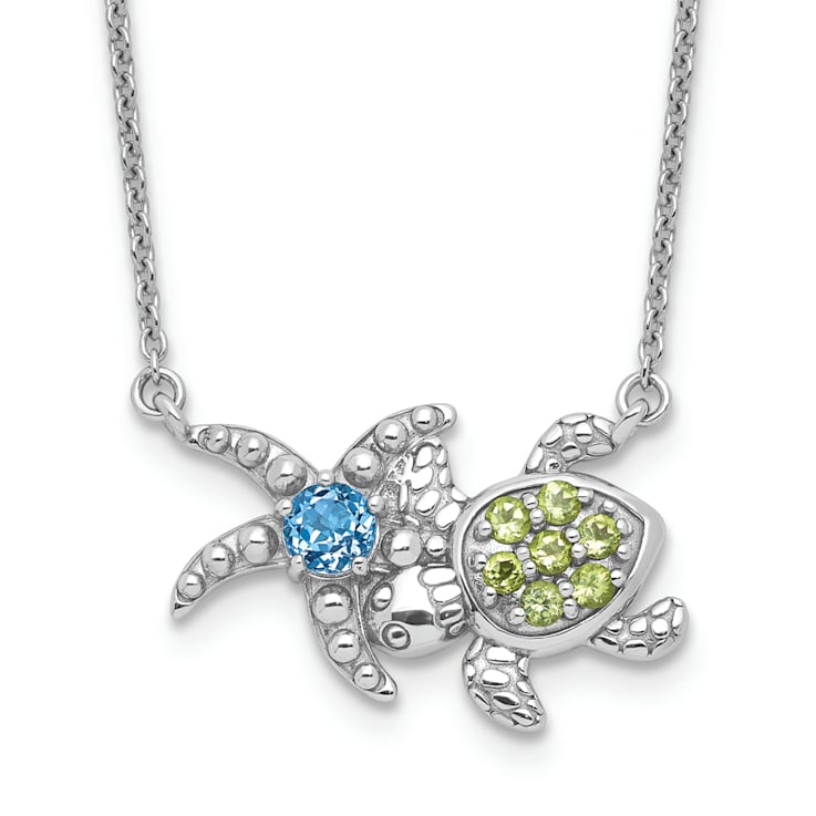 Rhodium Over Sterling Silver Peridot and Light Swiss Blue Topaz Turtle
Starfish Necklace