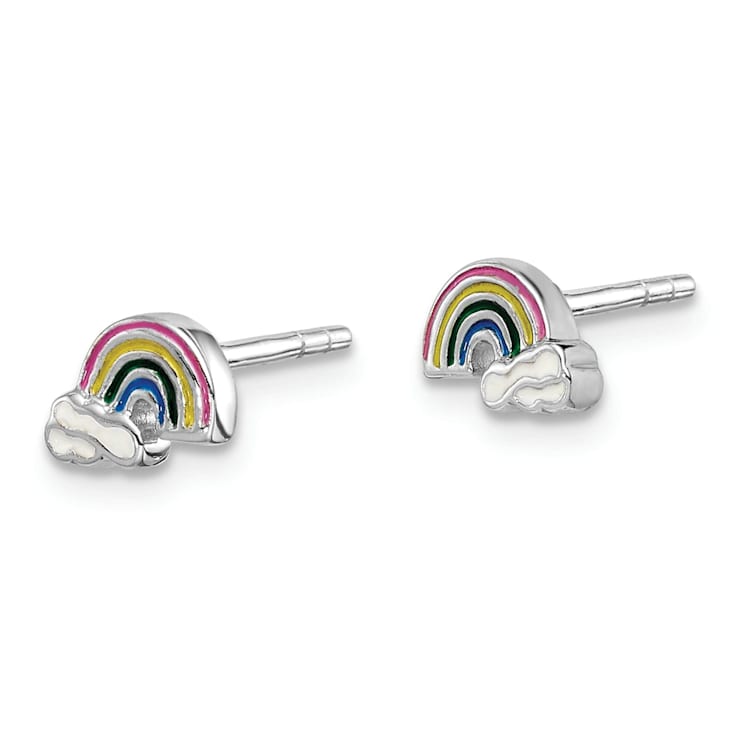 Rhodium Over Sterling Silver Enamel Rainbow Children's Post Earrings
