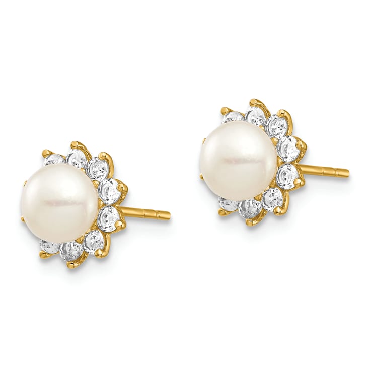 14K Yellow Gold Children's 5-6mm White Freshwater Cultured Pearl and
Cubic Zirconia Stud Earrings