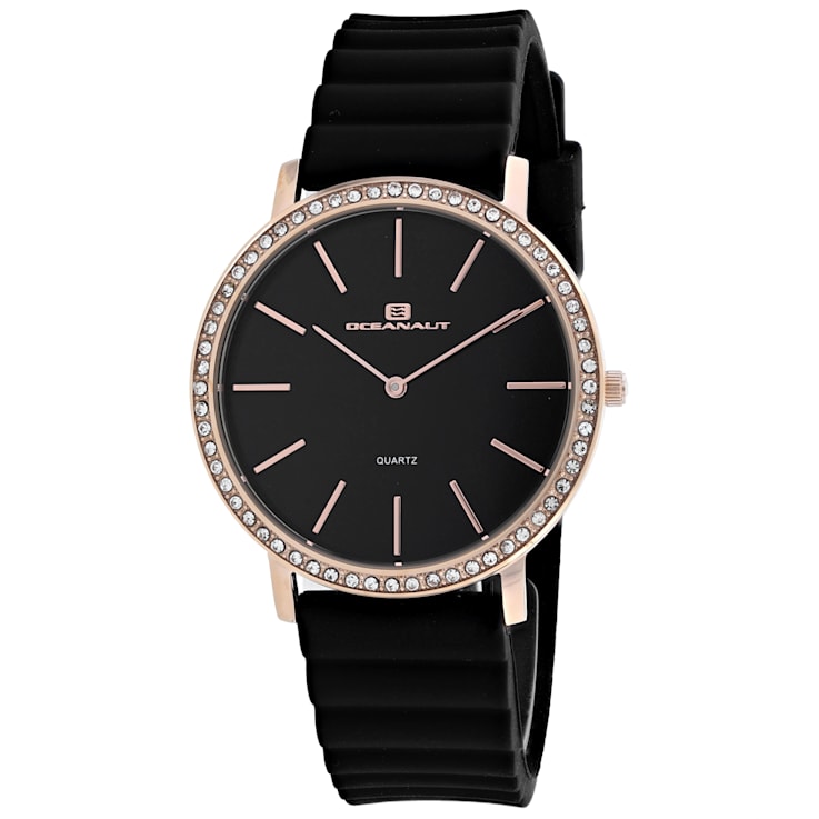 Oceanaut Women's Ripple Black Dial, Rose Bezel, Black Rubber Strap Watch