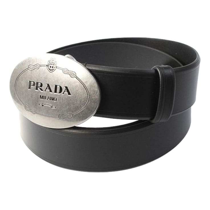 Prada Mens Navy Blue Saffiano Leather Belt Brushed Silver