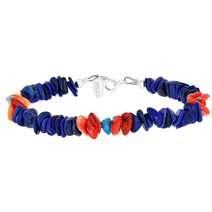 Lapis, Turquoise And Spiny Oyster Shell Silver Tone Nugget Chip Bracelet