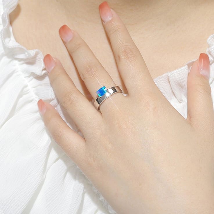 Lab Created Blue Opal Rhodium Over Sterling Silver Offset Ring Blue Opal Ring