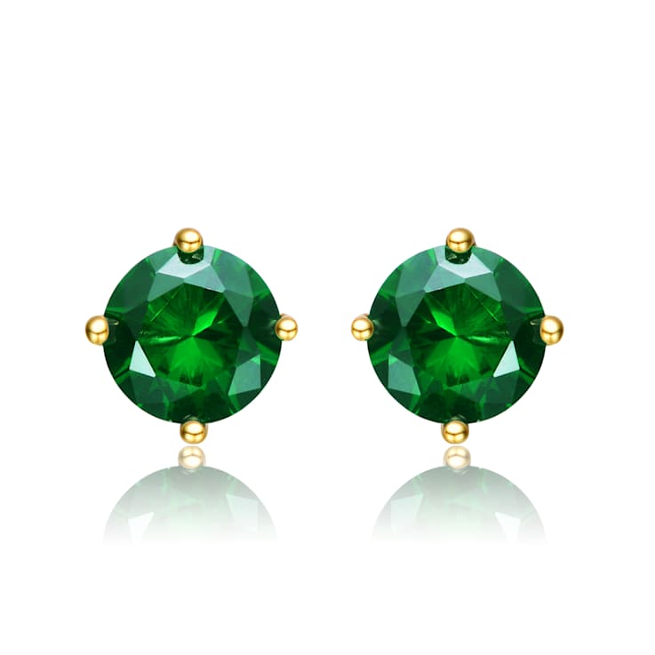 Emerald Color CZ Stud Earrings In 14K Gold Over Brass