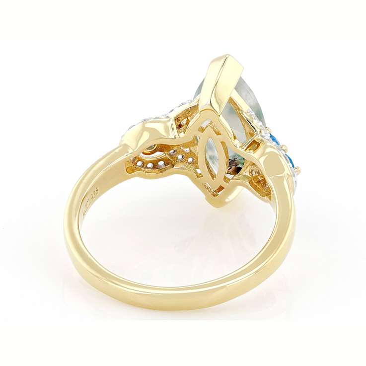 Blue Chalcedony, Neon Apatite And White Zircon Ring In 18K Gold Over
Sterling Silver