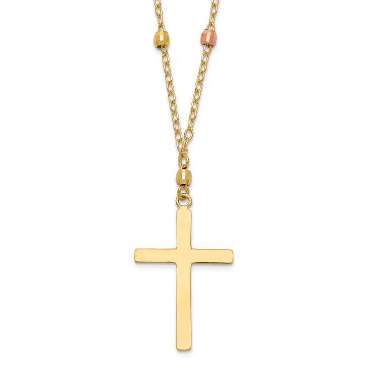 14K Yellow, White and Rose Gold Diamond-cut Beaded Cross Necklace