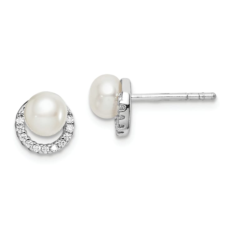Rhodium Over Sterling Silver Freshwater Cultured Pearl Cubic Zirconia
Post Earrings
