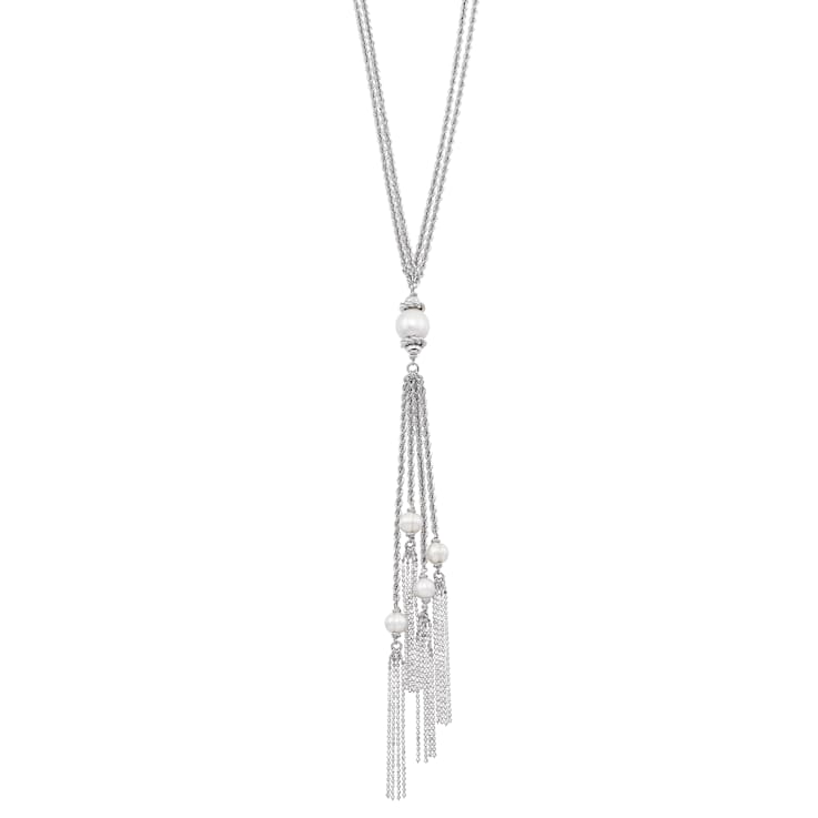 Round White Freshwater Pearl Sterling Silver Tassel Necklace