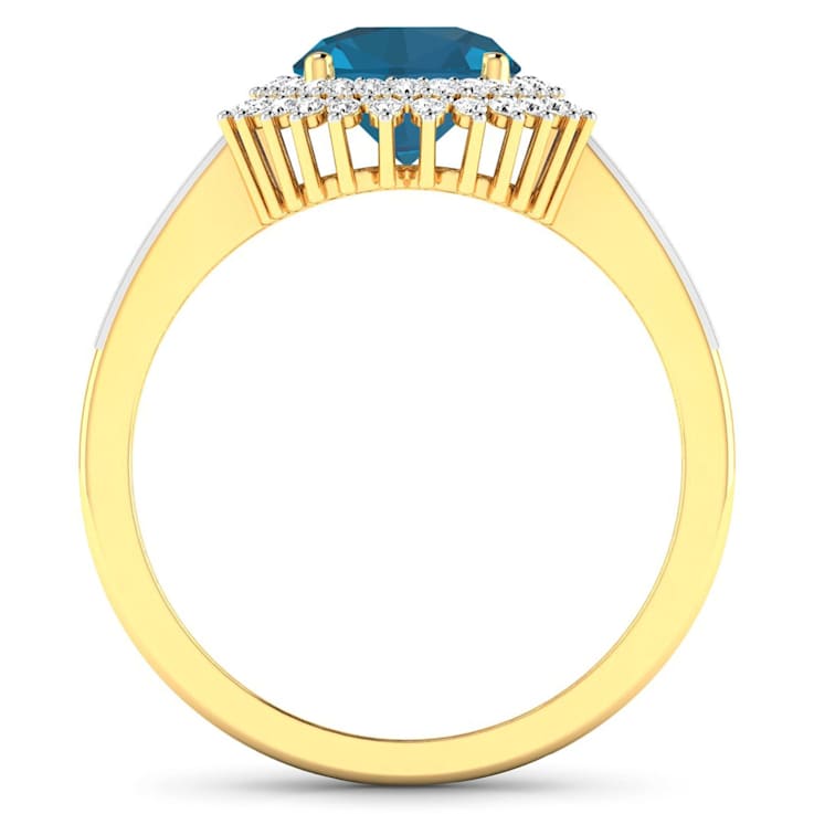 14K Yellow Gold London Blue Topaz and White Diamond Oval Halo Ring 2.42ctw