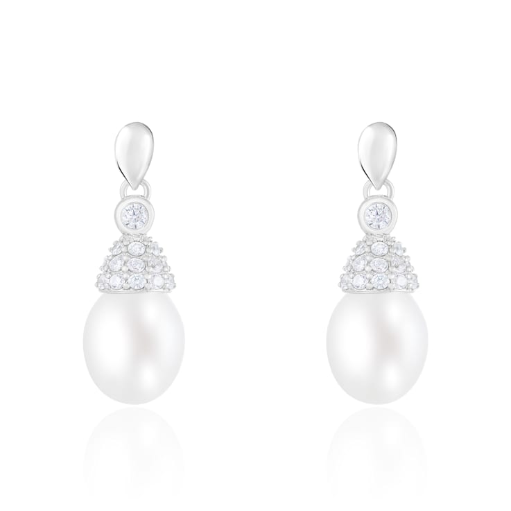7.5-8mm White Cultured Freshwater Pearl Rhodium Over Sterling Silver Earrings