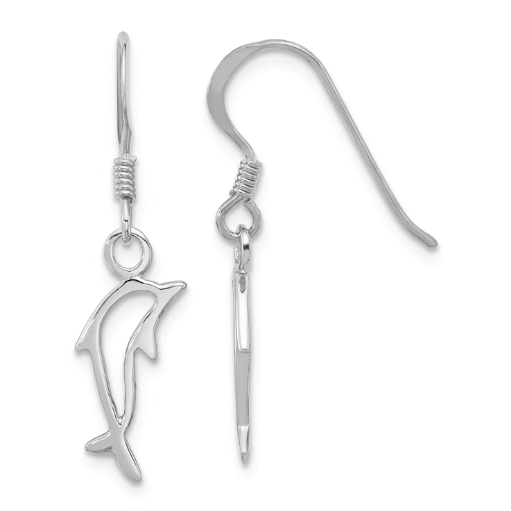 Rhodium Over Sterling Silver Polished Dolphin Dangle Earrings