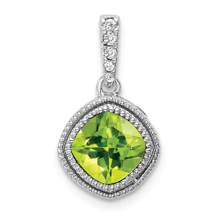 Rhodium Over 10k White Gold Beaded 0.73 cttw Cushion Peridot and 0.21
cttw Diamond Pendant