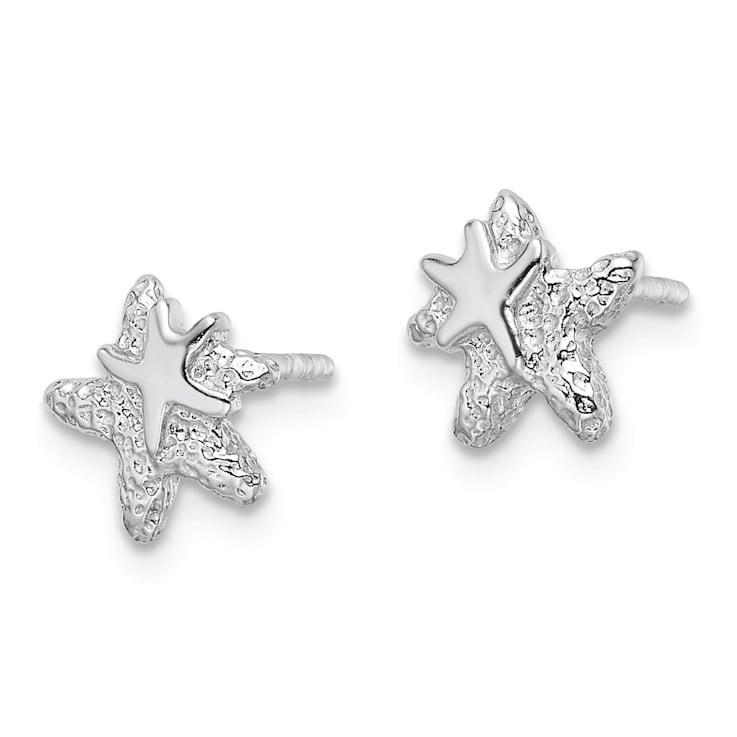 Rhodium Over Sterling Silver Polished and Textured Starfish Earrings