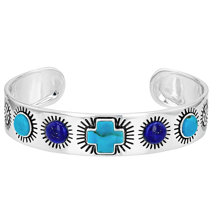 Turquoise And Lapis Lazuli Sterling Silver Cross Cuff Bracelet 7mm 11x11mm