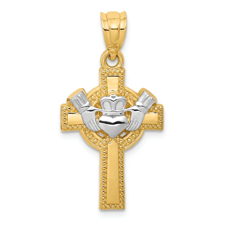 14K Yellow Gold with White Rhodium Accent Claddagh Cross Pendant